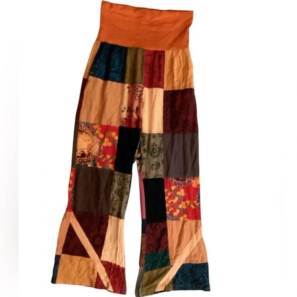 TLB BOHO Free Spirit Patchwork Cotton Lounge Wide Leg Pants Orange Sz One Size - Picture 3 of 6